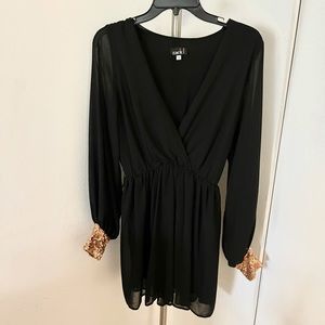 Black Chiffon Dress with Gold Sequin Cuffs